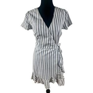 Abercrombie Fitch Striped Wrap Dress XS Blue Gray White Ruffle Hem Cotton Preppy